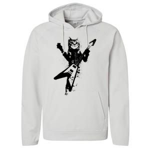 Cat Playing Flying V Guitar Musician Cat Lover TShirt Performance Fleece Hoodie