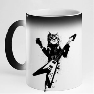 Cat Playing Flying V Guitar Musician Cat Lover TShirt 11oz Black Color Changing Mug