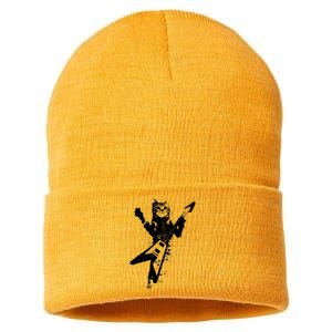 Cat Playing Flying V Guitar Musician Cat Lover TShirt Sustainable Knit Beanie