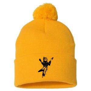 Cat Playing Flying V Guitar Musician Cat Lover TShirt Pom Pom 12in Knit Beanie