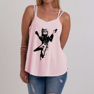 Cat Playing Flying V Guitar Musician Cat Lover TShirt Women's Strappy Tank