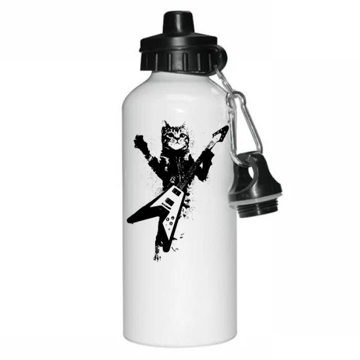 Cat Playing Flying V Guitar Musician Cat Lover TShirt Aluminum Water Bottle