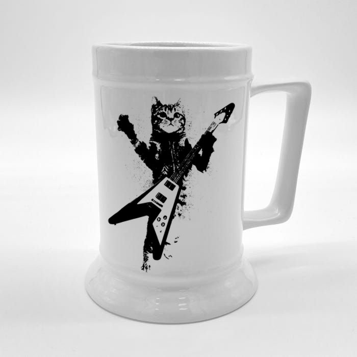 Cat Playing Flying V Guitar Musician Cat Lover TShirt Beer Stein