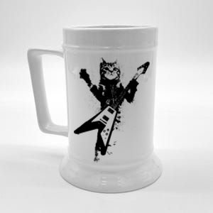 Cat Playing Flying V Guitar Musician Cat Lover TShirt Beer Stein