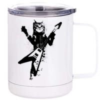 Cat Playing Flying V Guitar Musician Cat Lover TShirt 12 oz Stainless Steel Tumbler Cup