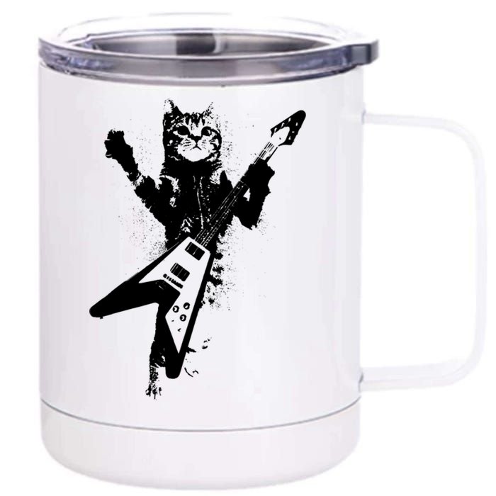 Cat Playing Flying V Guitar Musician Cat Lover TShirt 12 oz Stainless Steel Tumbler Cup