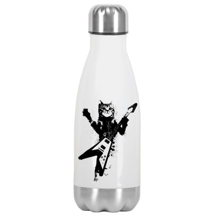 Cat Playing Flying V Guitar Musician Cat Lover TShirt Stainless Steel Insulated Water Bottle