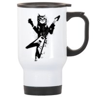 Cat Playing Flying V Guitar Musician Cat Lover TShirt Stainless Steel Travel Mug