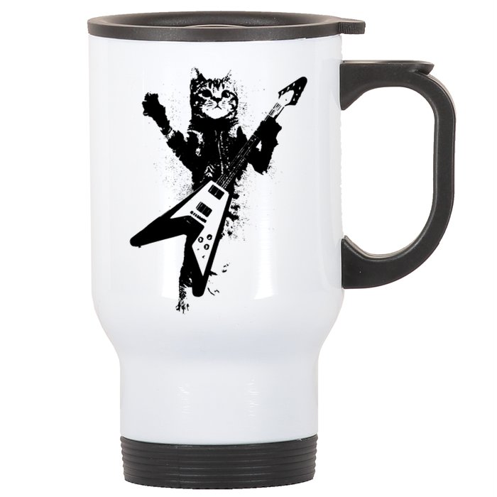 Cat Playing Flying V Guitar Musician Cat Lover TShirt Stainless Steel Travel Mug