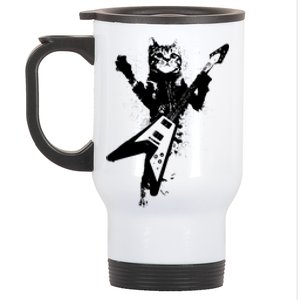 Cat Playing Flying V Guitar Musician Cat Lover TShirt Stainless Steel Travel Mug