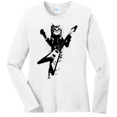 Cat Playing Flying V Guitar Musician Cat Lover TShirt Ladies Long Sleeve Shirt