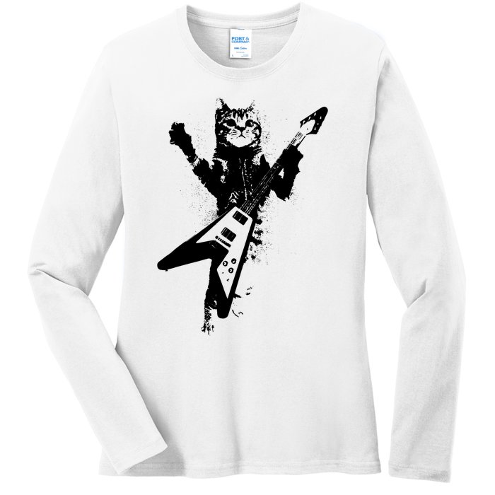 Cat Playing Flying V Guitar Musician Cat Lover TShirt Ladies Long Sleeve Shirt