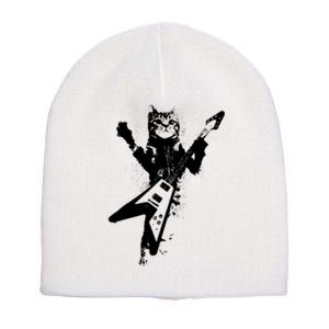 Cat Playing Flying V Guitar Musician Cat Lover TShirt Short Acrylic Beanie