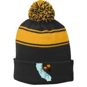 California Poppy Flower Stripe Pom Pom Beanie