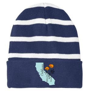 California Poppy Flower Striped Beanie with Solid Band