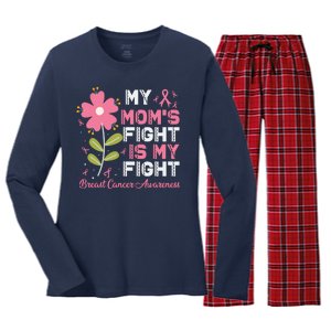 Cute Pink Flower My Moms Fight Is My Fight Breast Cancer Awareness Women's Long Sleeve Flannel Pajama Set 