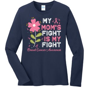 Cute Pink Flower My Moms Fight Is My Fight Breast Cancer Awareness Ladies Long Sleeve Shirt