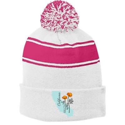 California Poppy Flower Stripe Pom Pom Beanie