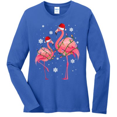 Cute Pink Flamingo Merry Flocking Christmas Cute Gift Ladies Long Sleeve Shirt