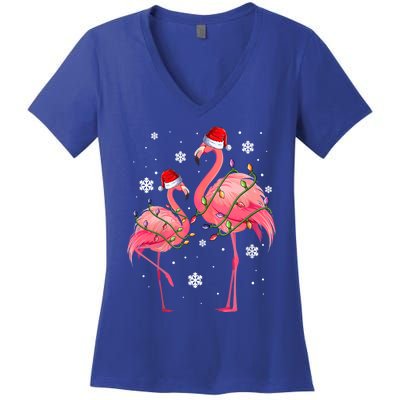 Cute Pink Flamingo Merry Flocking Christmas Cute Gift Women's V-Neck T-Shirt