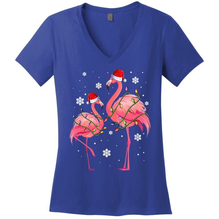 Cute Pink Flamingo Merry Flocking Christmas Cute Gift Women's V-Neck T-Shirt