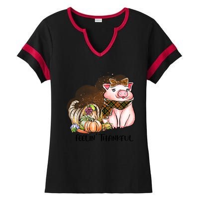 Cute Pig Feelin' Thankful's Gift For Thanksgiving Ladies Halftime Notch Neck Tee