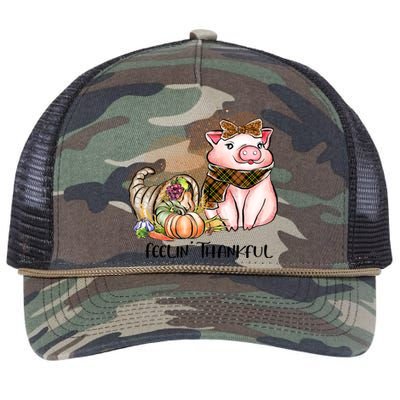 Cute Pig Feelin' Thankful's Gift For Thanksgiving Retro Rope Trucker Hat Cap