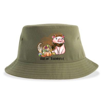 Cute Pig Feelin' Thankful's Gift For Thanksgiving Sustainable Bucket Hat