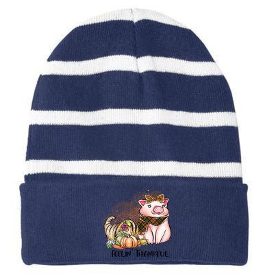 Cute Pig Feelin' Thankful's Gift For Thanksgiving Striped Beanie with Solid Band