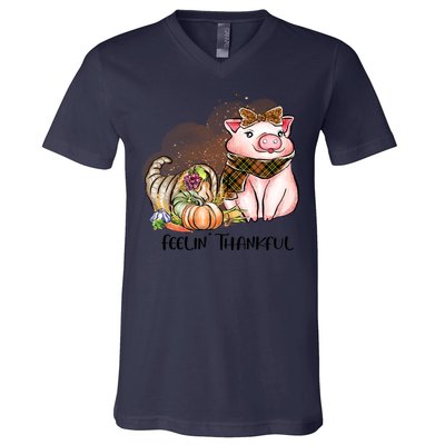 Cute Pig Feelin' Thankful's Gift For Thanksgiving V-Neck T-Shirt