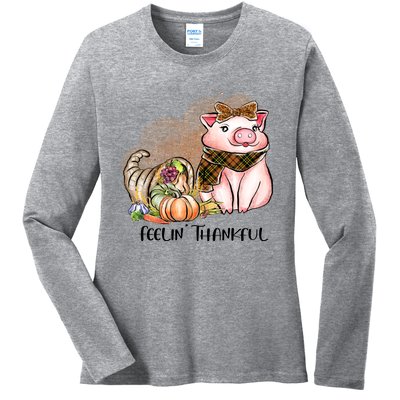 Cute Pig Feelin' Thankful's Gift For Thanksgiving Ladies Long Sleeve Shirt