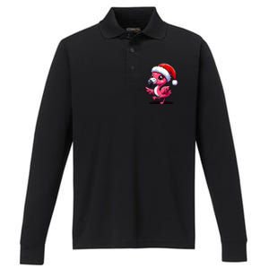 Cheerful Pink Flamingo Christmas Santa Hat Cool Gift Performance Long Sleeve Polo