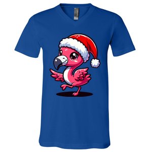 Cheerful Pink Flamingo Christmas Santa Hat Cool Gift V-Neck T-Shirt