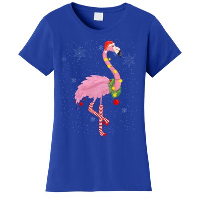 Cute Pink Flamingo With Snow Lights And Santa Hat Christmas Cute Gift Women's T-Shirt