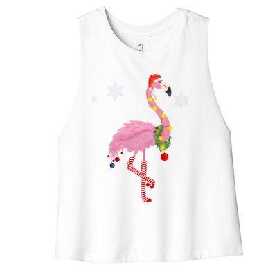 Cute Pink Flamingo With Snow Lights And Santa Hat Christmas Cute Gift Women's Racerback Cropped Tank