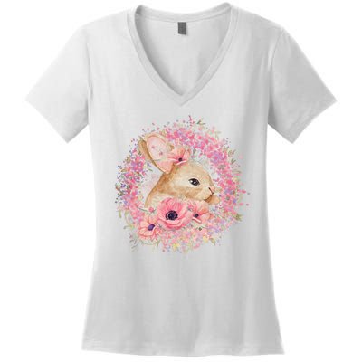 Cute Pink Floral Easter Bunny Women's V-Neck T-Shirt