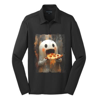 Cute Pizza Ghost Eating Pizza Funny Halloween Food Lovers Silk Touch Performance Long Sleeve Polo