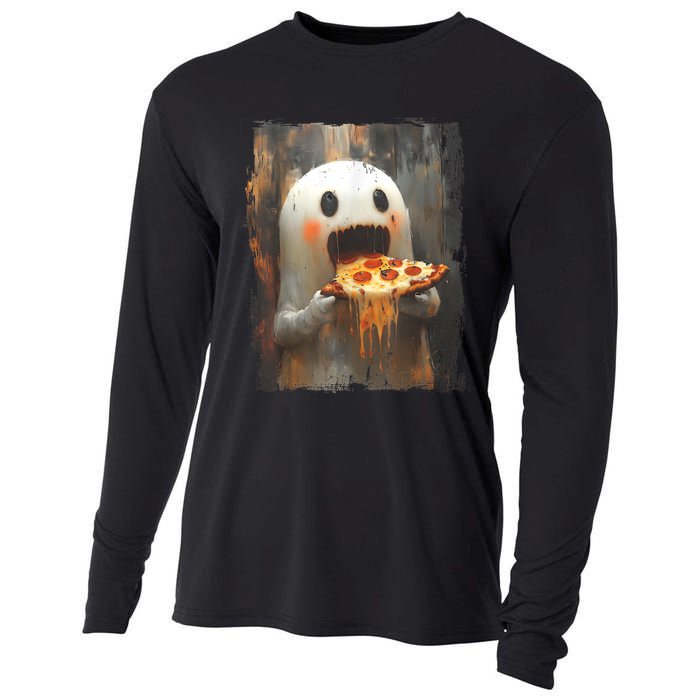 Cute Pizza Ghost Eating Pizza Funny Halloween Food Lovers Cooling Performance Long Sleeve Crew