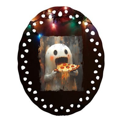 Cute Pizza Ghost Eating Pizza Funny Halloween Food Lovers Ceramic Oval Ornament