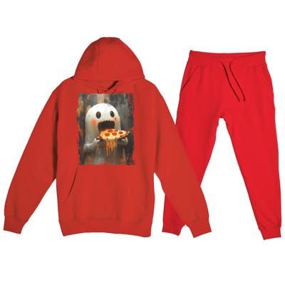 Cute Pizza Ghost Eating Pizza Funny Halloween Food Lovers Premium Hooded Sweatsuit Set