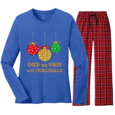 Christmas Pickleball Gift Deck The Halls With Pickleballs Gift Women's Long Sleeve Flannel Pajama Set 