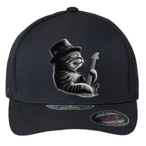 Cat Playing Guitar Funny Rock Music Guitar Cat Flexfit Unipanel Trucker Cap