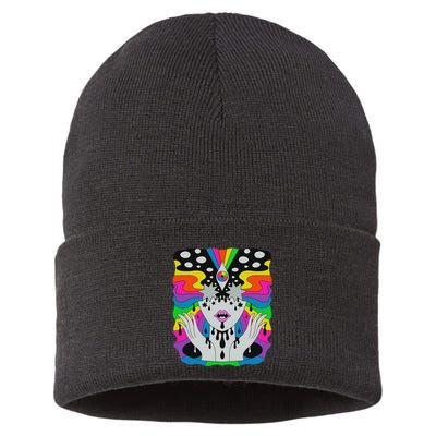 Colorful Psychedelic Girl Trippy Abstract Third Eye Vision Sustainable Knit Beanie