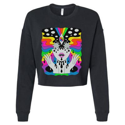 Colorful Psychedelic Girl Trippy Abstract Third Eye Vision Cropped Pullover Crew
