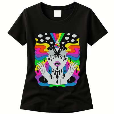 Colorful Psychedelic Girl Trippy Abstract Third Eye Vision Womens T-Shirt