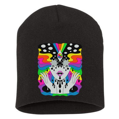 Colorful Psychedelic Girl Trippy Abstract Third Eye Vision Short Acrylic Beanie
