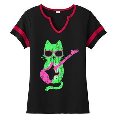 Cat Playing Guitar Cat Wearing Sunglasses 80's New Wave Cat Ladies Halftime Notch Neck Tee