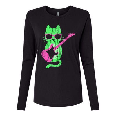 Cat Playing Guitar Cat Wearing Sunglasses 80's New Wave Cat Womens Cotton Relaxed Long Sleeve T-Shirt