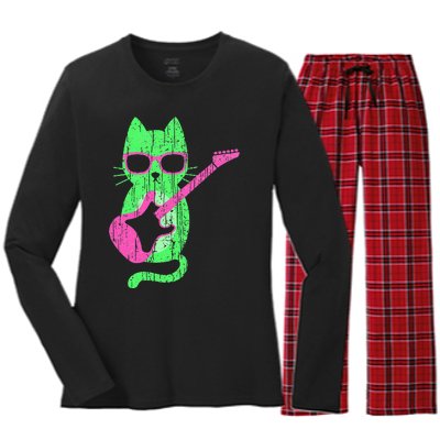 Cat Playing Guitar Cat Wearing Sunglasses 80's New Wave Cat Women's Long Sleeve Flannel Pajama Set 