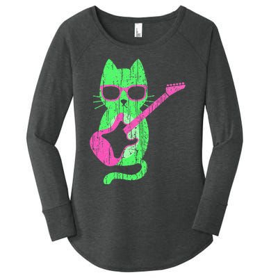 Cat Playing Guitar Cat Wearing Sunglasses 80's New Wave Cat Women's Perfect Tri Tunic Long Sleeve Shirt